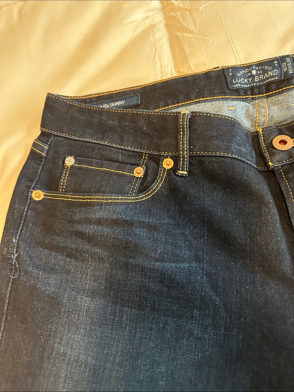 Lucky Brand Women's Dark Blue Straight Leg Jeans with Tan Patch - Picture 3 of 4